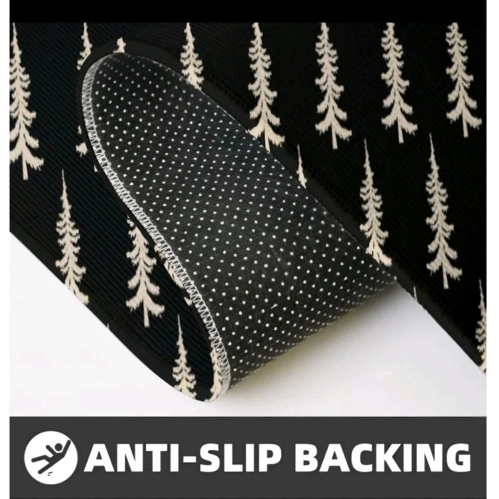 Kitchen Mat Set Of 2 Christmas Print Black Mat With White Trees 17x29, 17x47